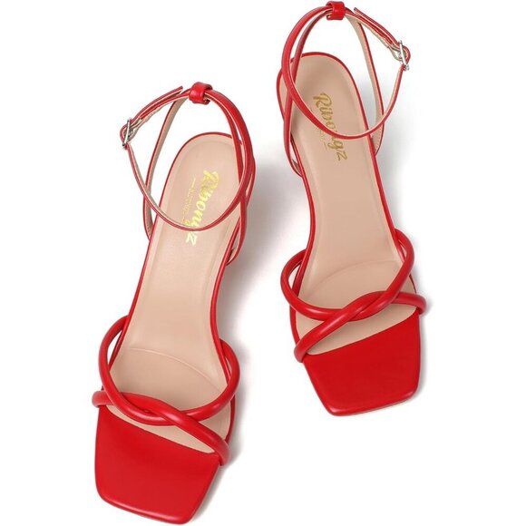 Women's Red Square Open Toe Kitten Strappy Ankle Strap Heeled Sandals Shoes - Picture 6 of 9